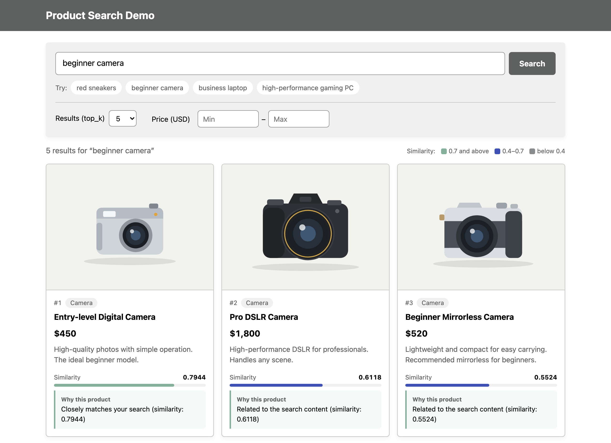 Product cards with recommendation reasons on the search screen