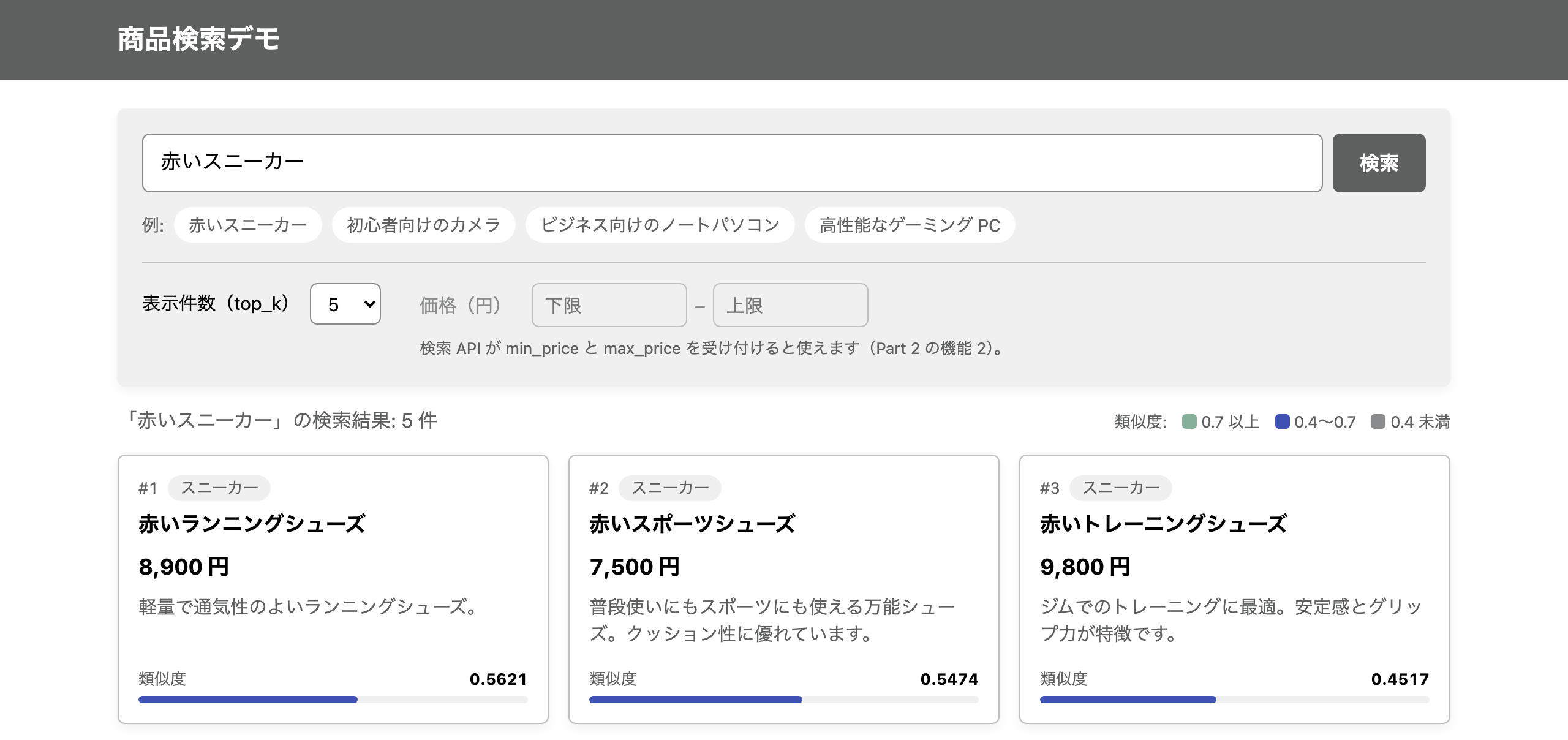 検索画面で「赤いスニーカー」を検索した結果